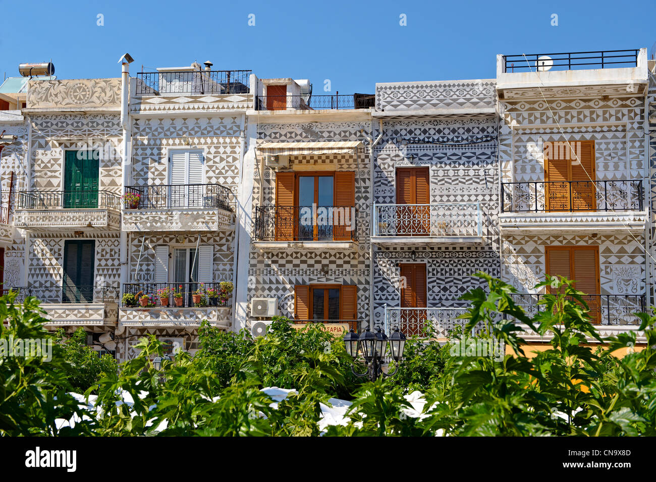 Xysta Dekorationen an den Häusern von Pygri, gemusterten geometrische Verzierungen auf die Häuser der Dörfer von Chios Mastix Stockfoto
