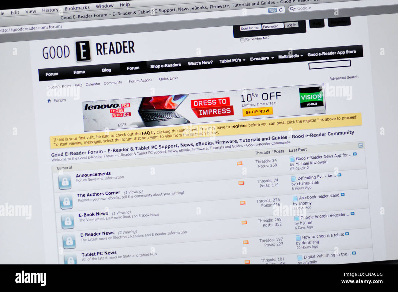 Goodereader Foren - elektronische Leser Webseite Stockfoto