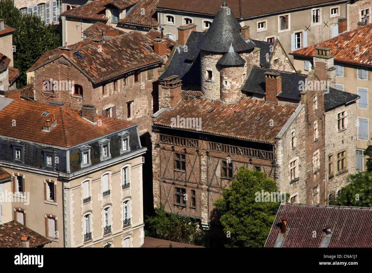Frankreich, Menge, Cahors, der Südseite des Hauses Roald, mit Holz-Seiten, gekrönt von einem Balkon und gekrönt mit einem runden Turm Stockfoto