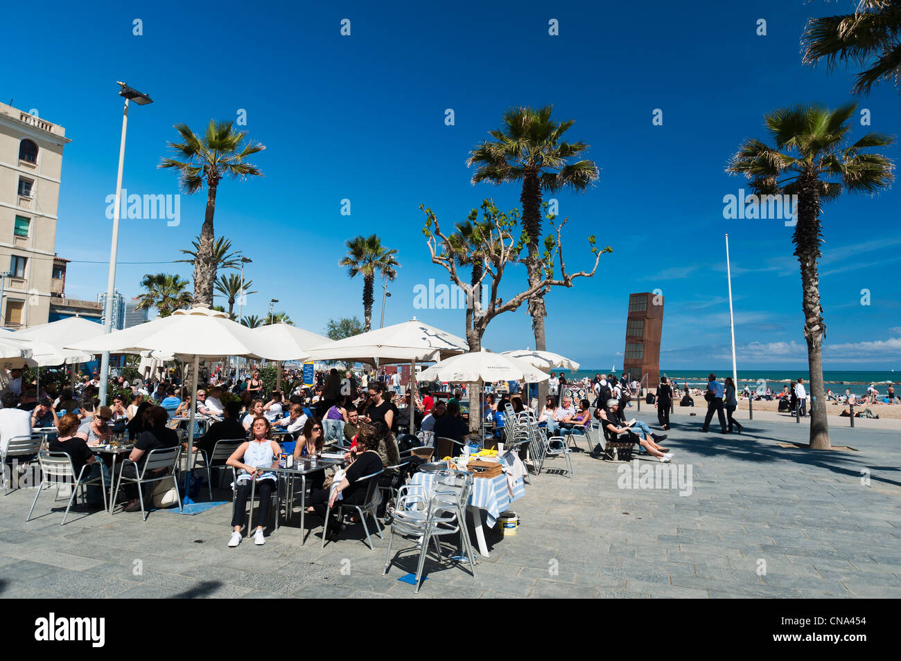 Spanien, Katalonien, Barcelona, La Barceloneta, Café-Terrasse und im Hintergrund L'Estel Ferit (der Verwundeten Shooting Star), Kunst Stockfoto