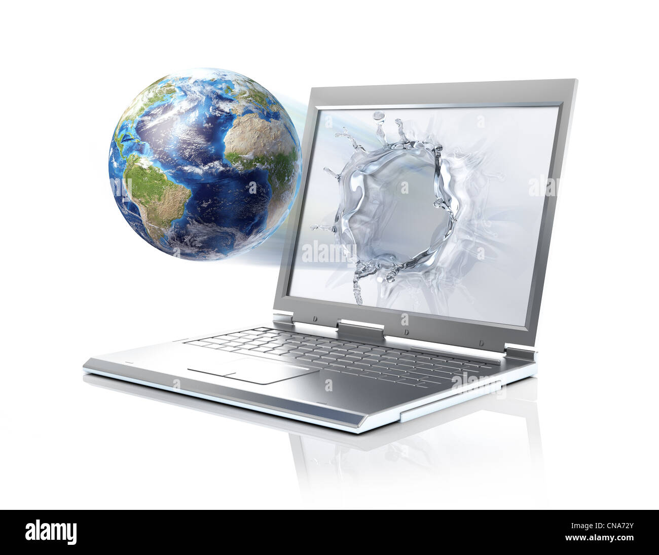 Erdkugel, die sich aus einem Laptop-Computer mit einem Schuss. Isoliert auf weißem Hintergrund. Stockfoto