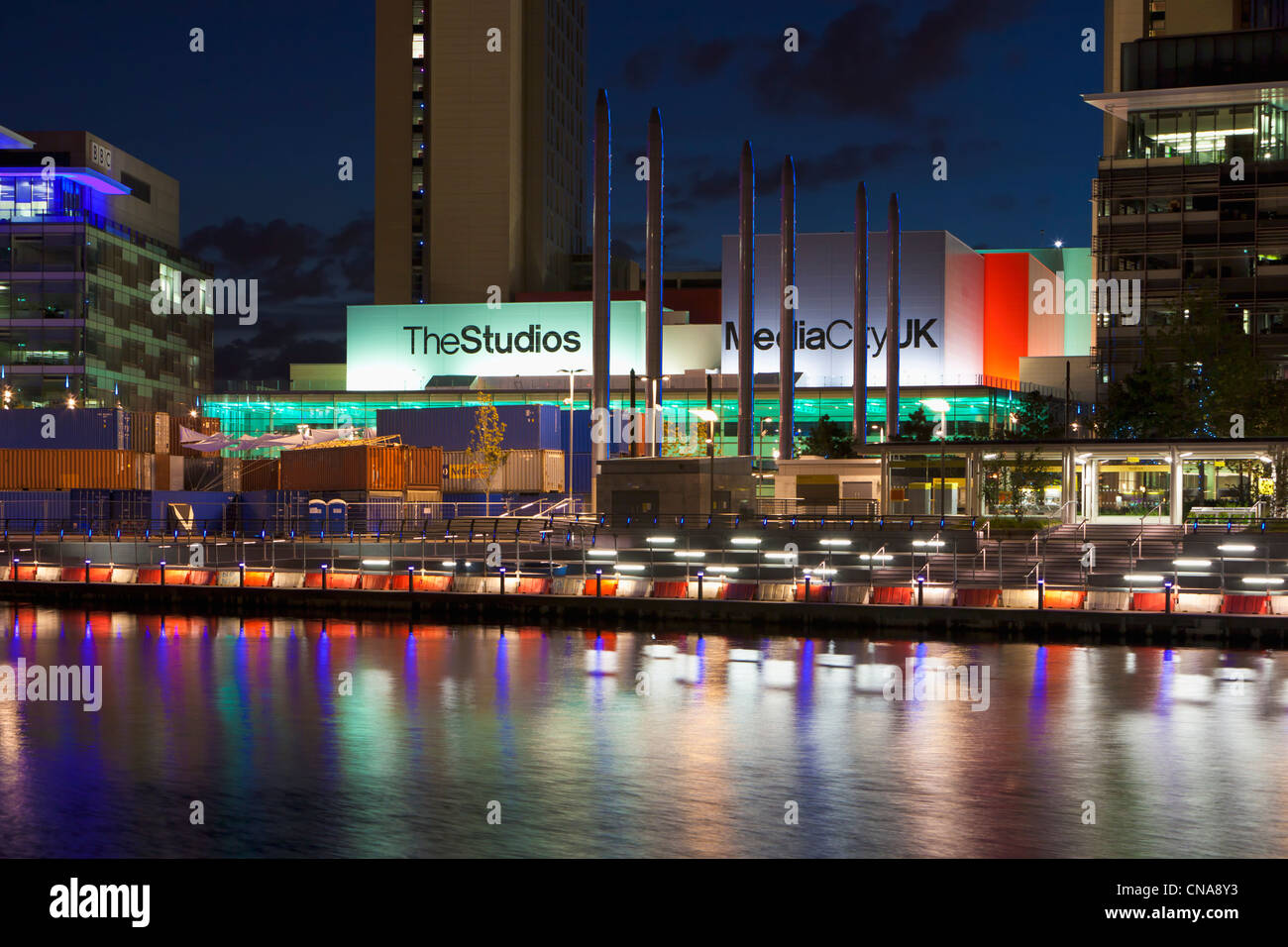 Media City Uk bei Nacht, Salford Quays, Manchester, England Stockfoto