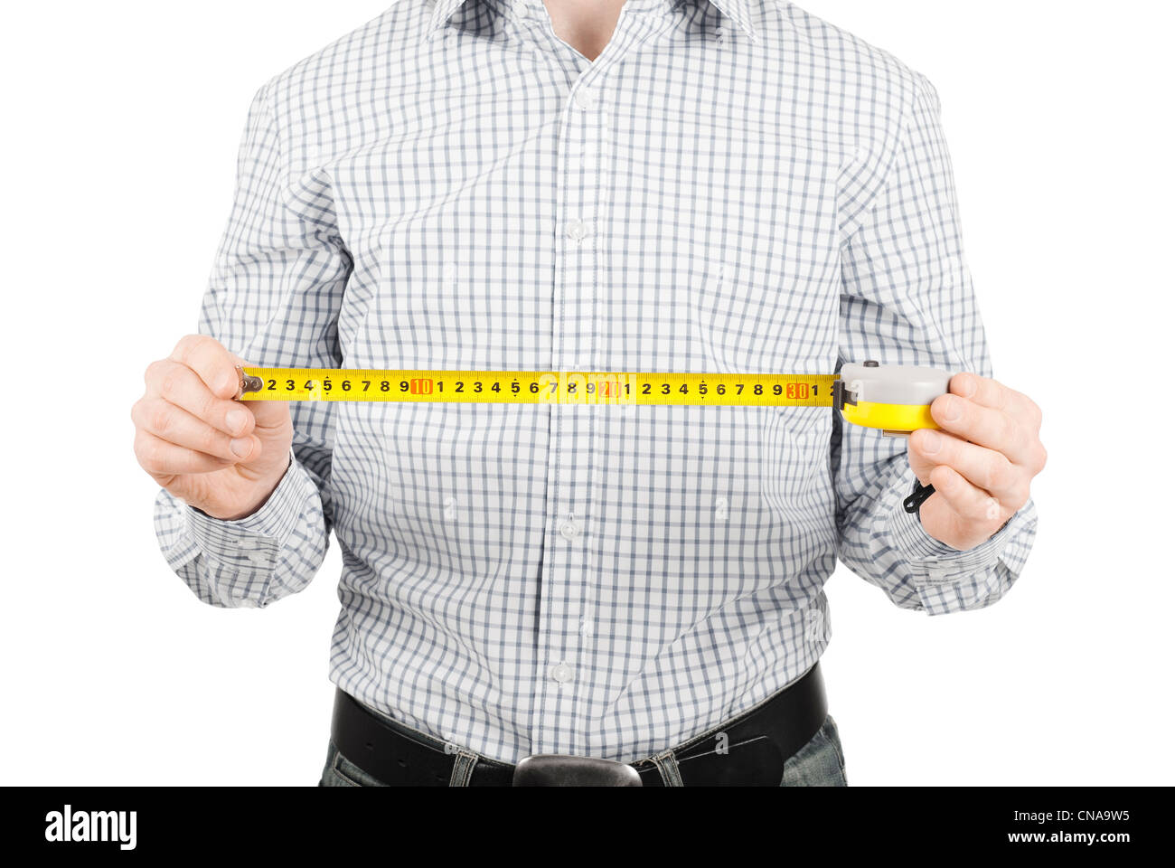 Mann mit gelben Maßband Stockfoto