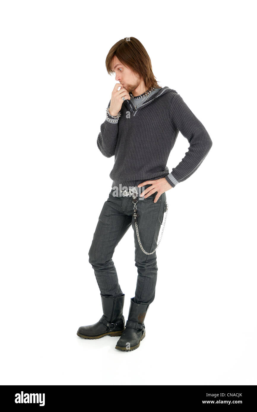 Voller Länge Schuss von nachdenklicher Mann blickte mit dummen Gesichtsausdruck Stockfoto