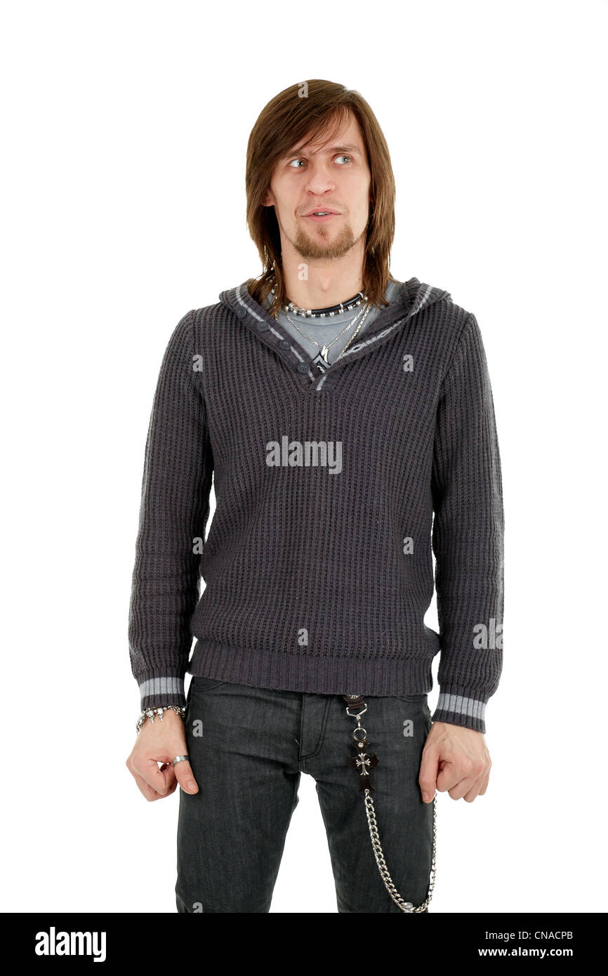 Nachdenklicher Mann blickte auf weißem Hintergrund Stockfoto