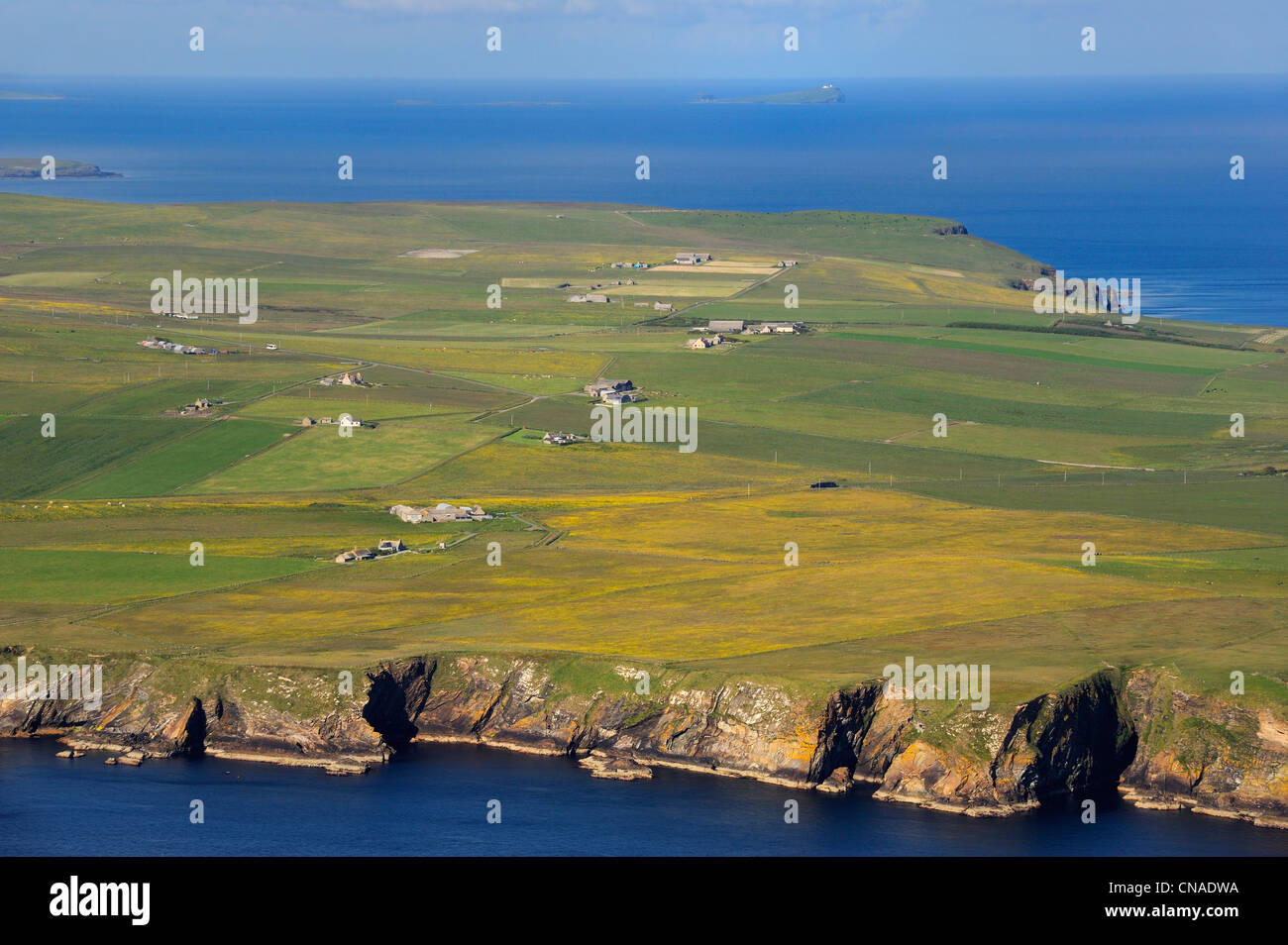 Großbritannien, Schottland, Orkney-Inseln, South Ronaldsay Island, Felder und vereinzelte Bauernhöfe (Luftbild) Stockfoto