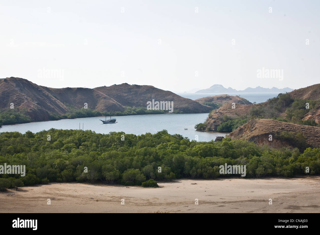 Eine indonesische Pinisi-Schoner liegt vor Anker in einer Bucht an der Küste von Komodo Insel und Komodo Nationalpark. Komodo, Indonesien Stockfoto