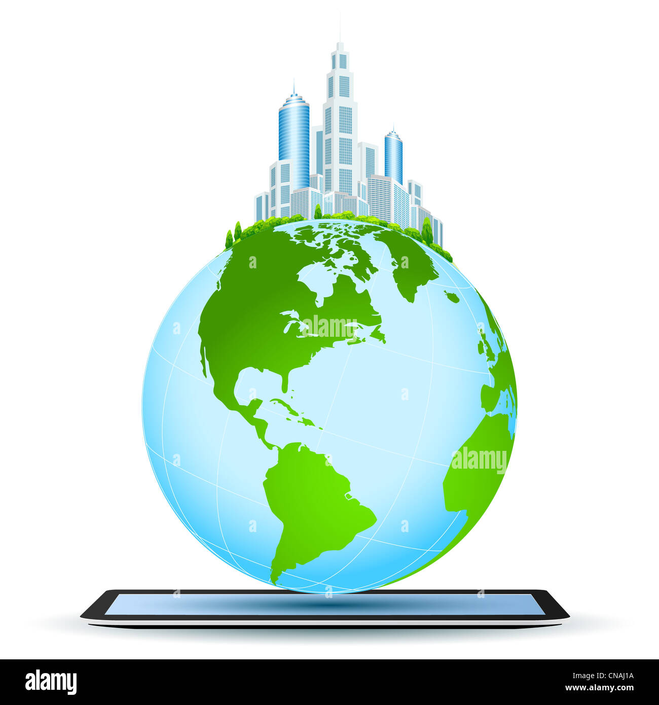 Planetenerde mit Business-Stadt auf dem Tablet PC isoliert auf weiss Stockfoto
