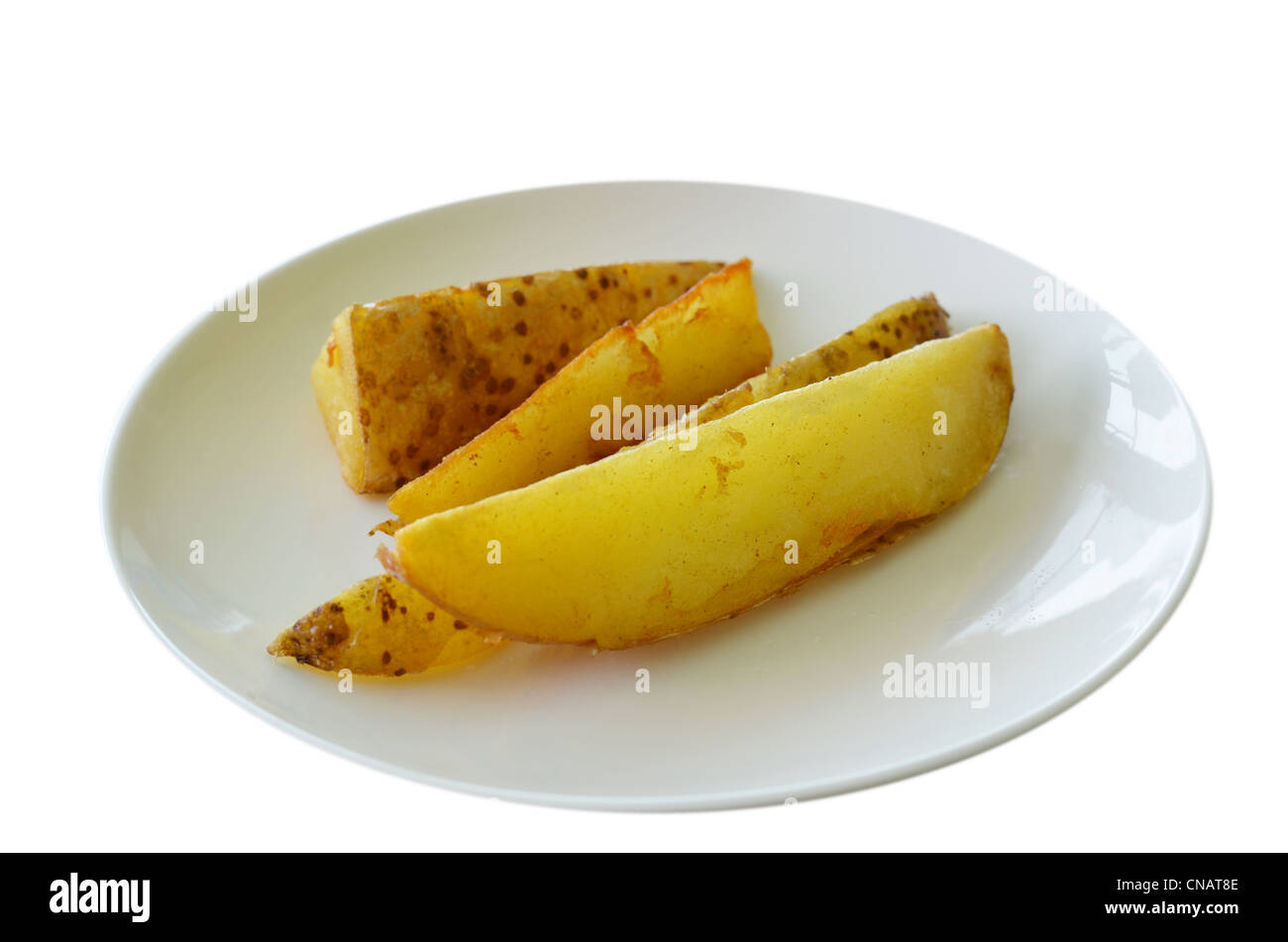 Gegrillte Kartoffeln auf weiße Schale, weißer Hintergrund Stockfoto