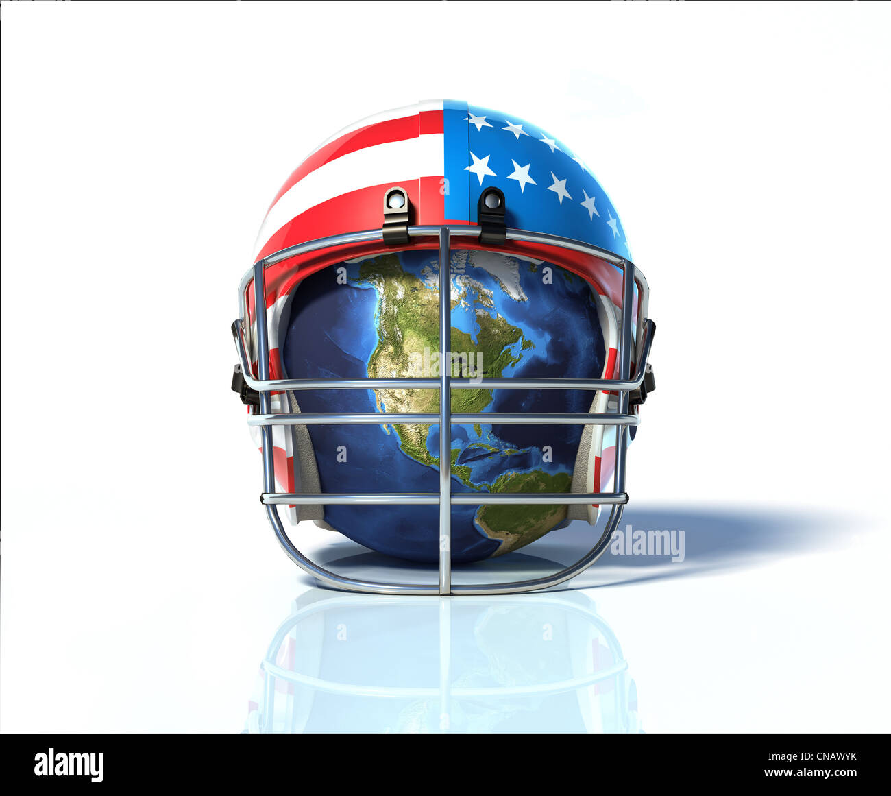 US-amerikanischer American-Football-Helm, mit Erde im Inneren, auf Nordamerika. Auf eine reflektierende weiße Oberfläche. Stockfoto