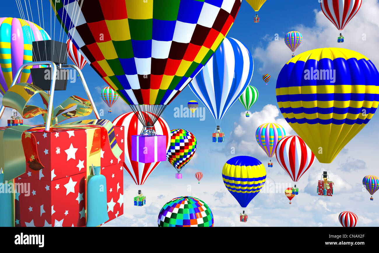 Heißluftballons in den Himmel, mit Geschenken an die Stelle der Korb Stockfoto