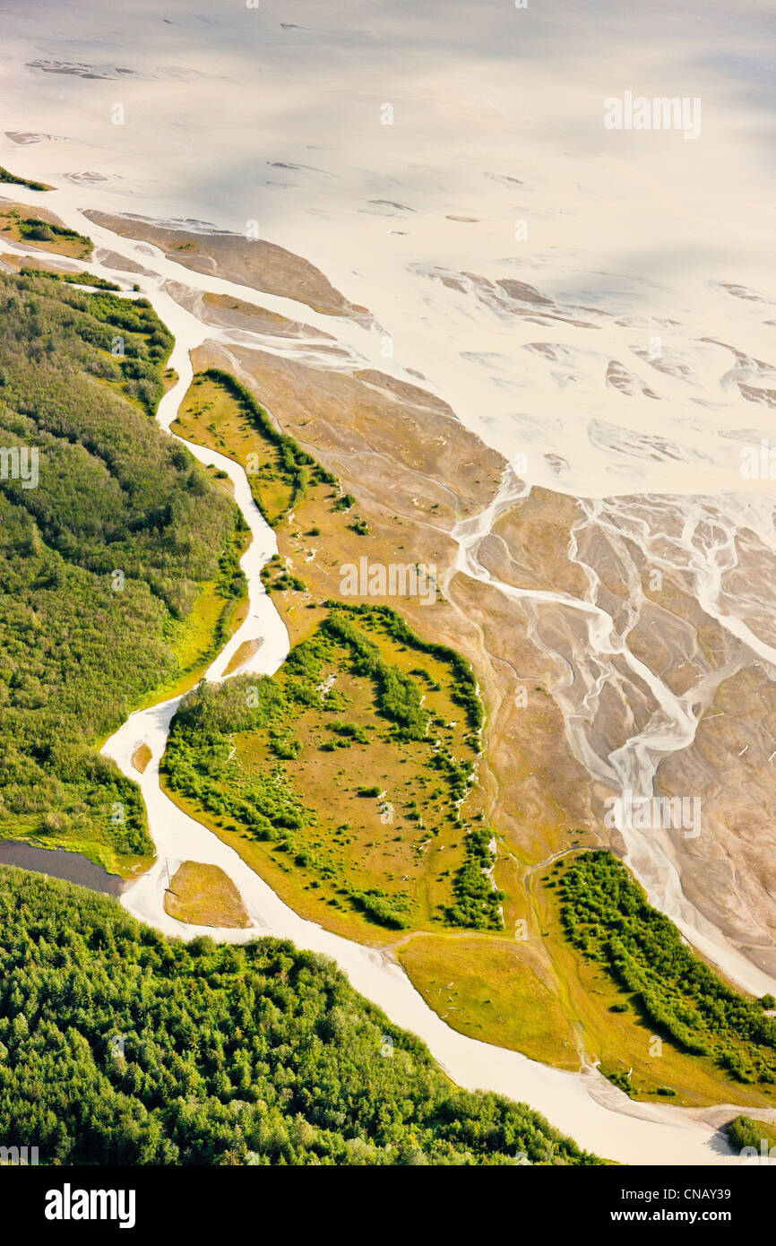 Luftaufnahme von Feuchtgebieten und Wald in der Glacialy gefüttert Chilkat River Südost Flussaue, Haines, Alaska, Sommer Stockfoto
