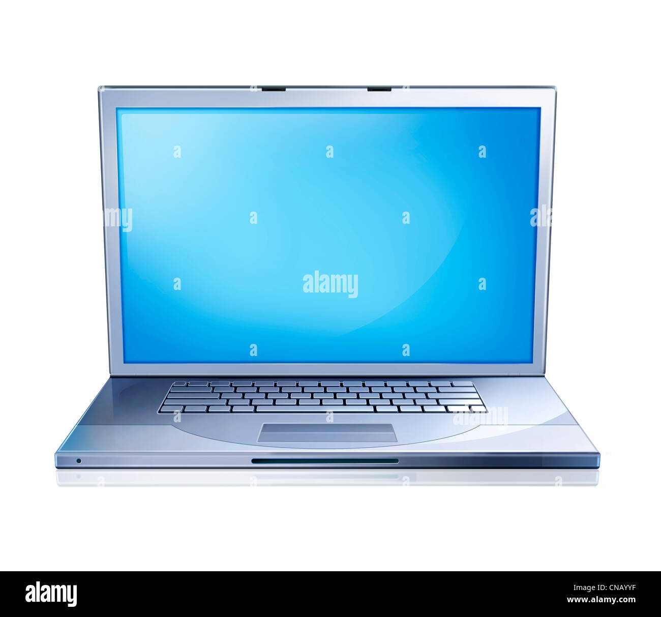 Abbildung von einem Laptop Notebook, von vorne, mit Bluescreen gesehen. Auf weißem Hintergrund, mit Clipping-Pfad enthalten. Stockfoto