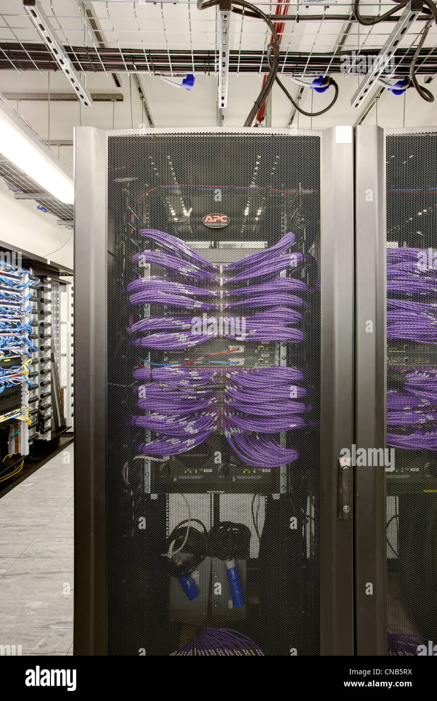 lila Daten Kabel Computerraum Bank-Server-rack Stockfoto