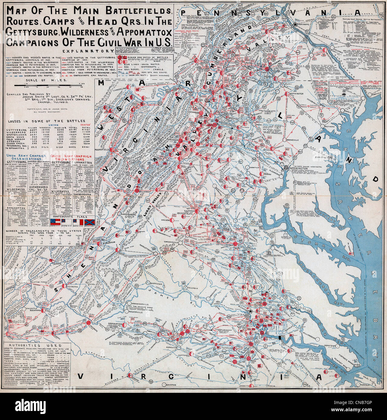 Karte der wichtigsten Schlachtfelder, Routen, Camps und Kopf Qrs., in Gettysburg, Wildnis und Appomattox Kampagnen des Bürgerkrieges in den USA Stockfoto
