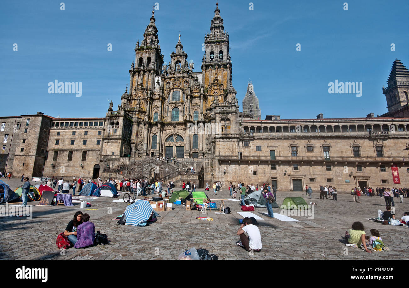 Spanien, Galizien, Santiago de Compostella, aufgeführt als Weltkulturerbe der UNESCO, Kathedrale des Ortes von Demonstranten besetzt Stockfoto