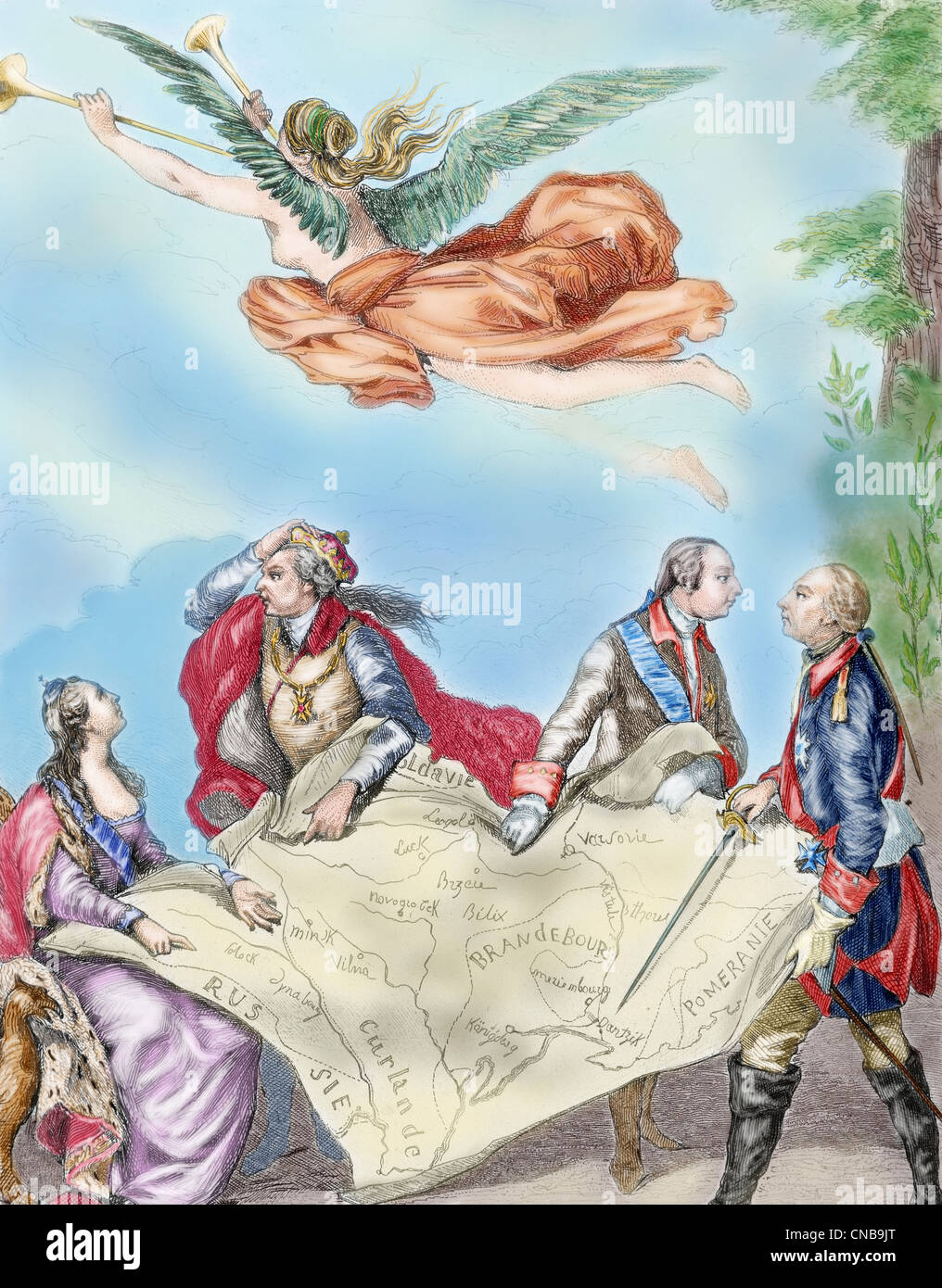 Allegorie der 1. Teilung Polens 1772. Nach Moreaus Malerei. Farbige Gravur. Stockfoto