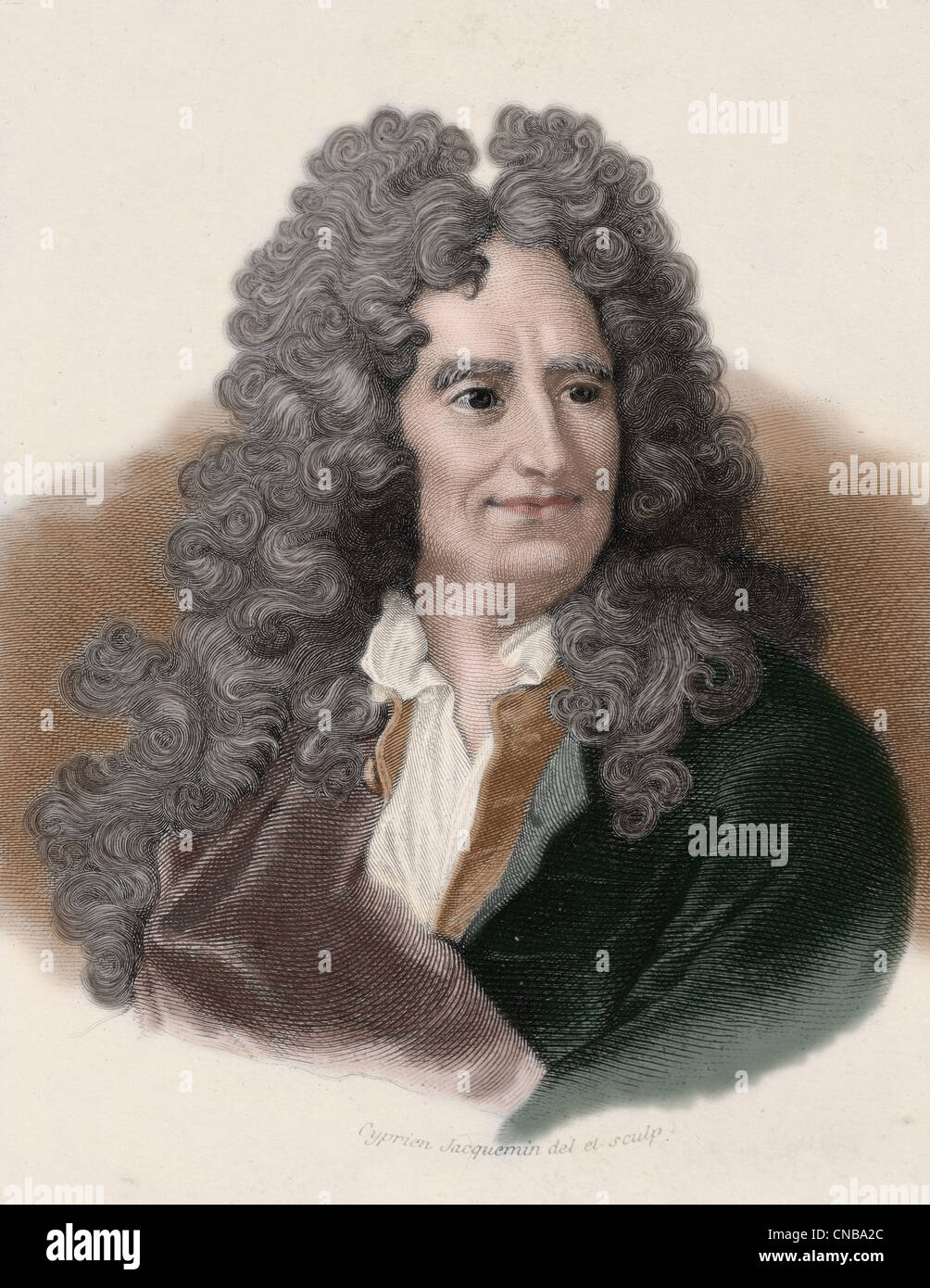 Nicolas Boileau-Despreaux (1636-1711). Französischer Dichter. Kupferstich von Cyprien Jacquemin. Farbige. Stockfoto