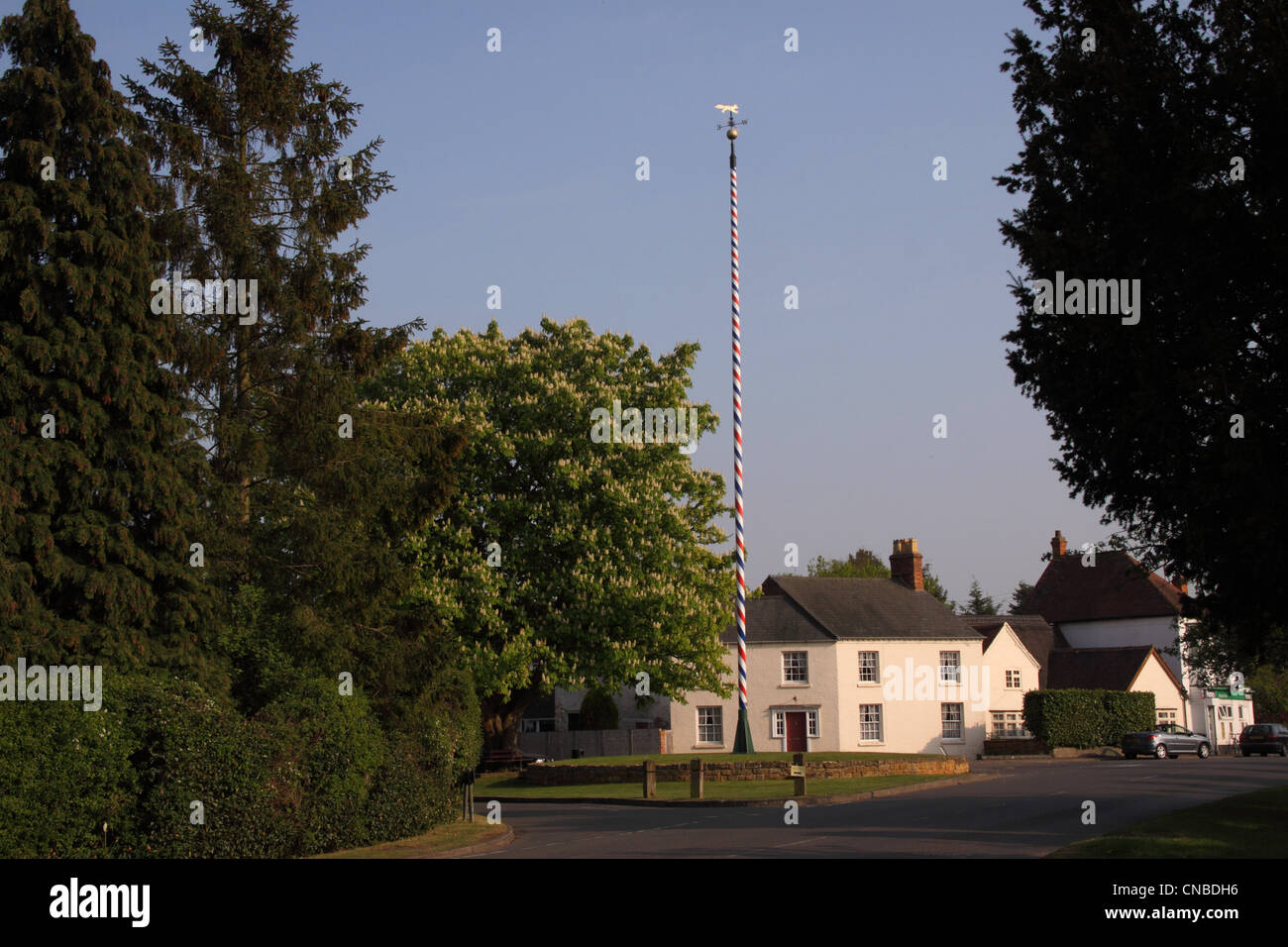 Der Maibaum am Welford on Avon, Warwickshire, eines der höchsten Maistange in England - 65 Fuß (20 m) Stockfoto