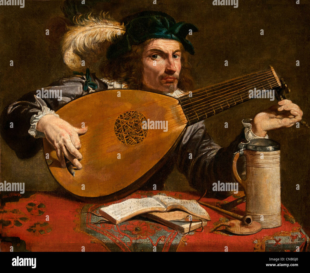 Homme entsprechende Sohn Luth - Mann seine laute von Theodoor Rombouts 1625-1650 belgischen Belgien-tuning Stockfoto