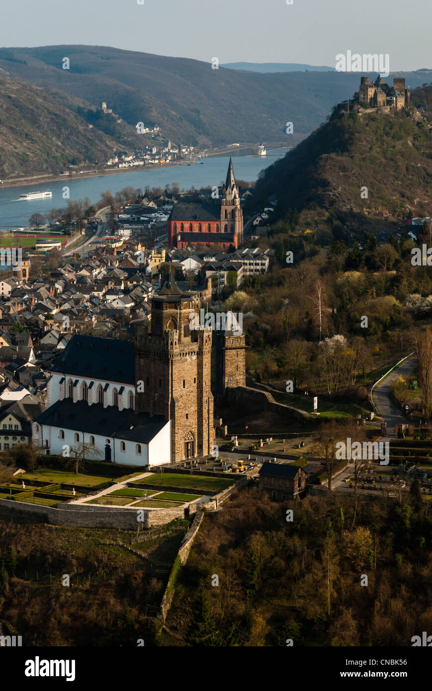 Ansicht der Stadt Oberwesel im UNESCO aufgeführt "Oberes Mittelrheintal", Rheinland-Pfalz, Deutschland. Stockfoto