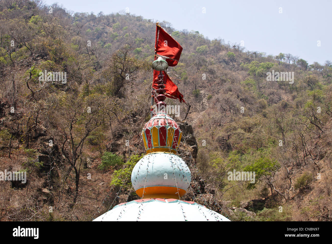 Safran-Flag auf Durga Devi Tempel in Uttarakhand, auf Weg von Kotdwar nach Lansdowne. Im Hintergrund sind Sträucher & Bäume Stockfoto