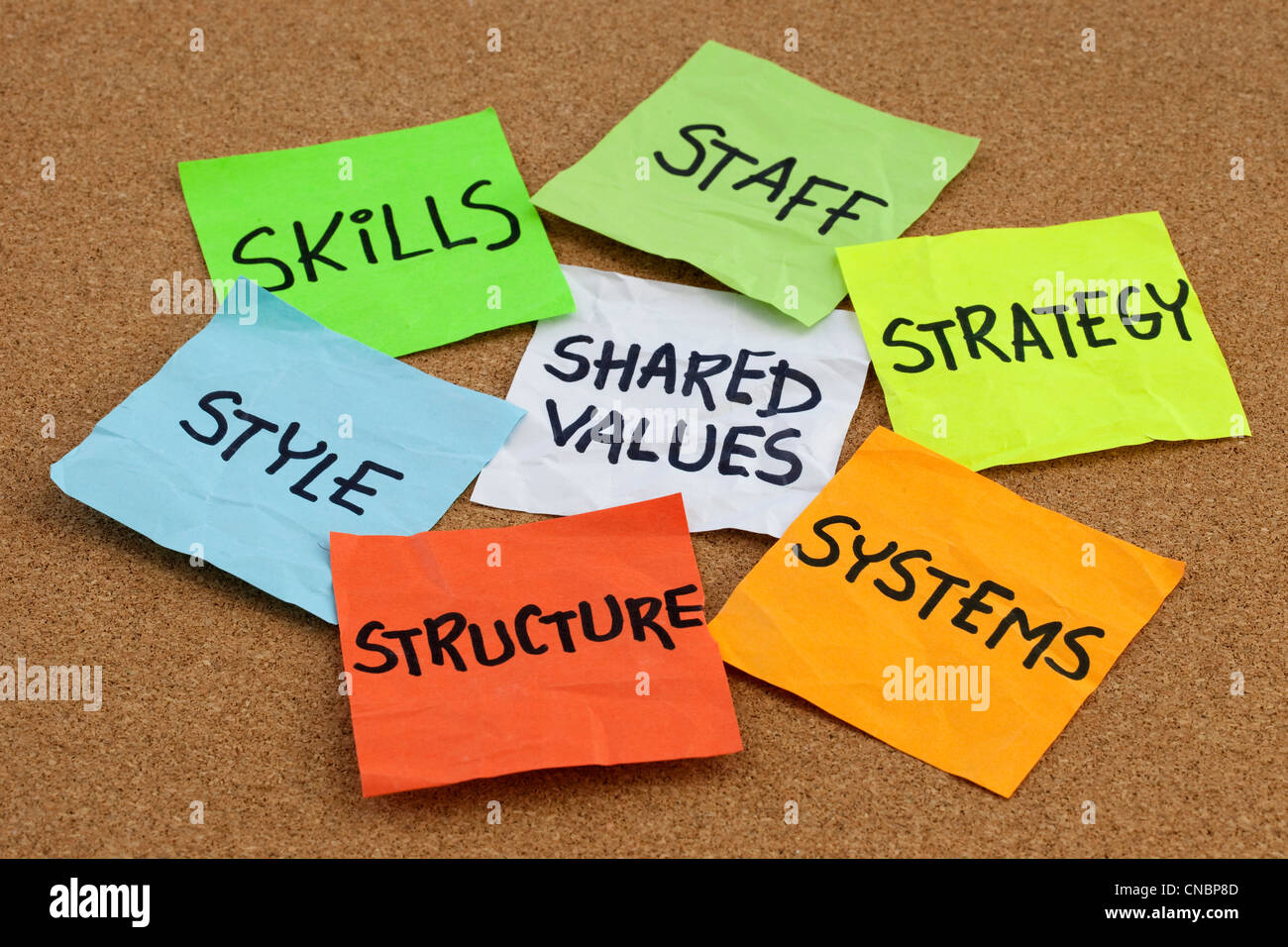 7er Modell für Organisationskultur, Analyse und Entwicklung (Fähigkeiten, Personal, Strategie, Systeme, Struktur, Stil, gemeinsame Werte Stockfoto