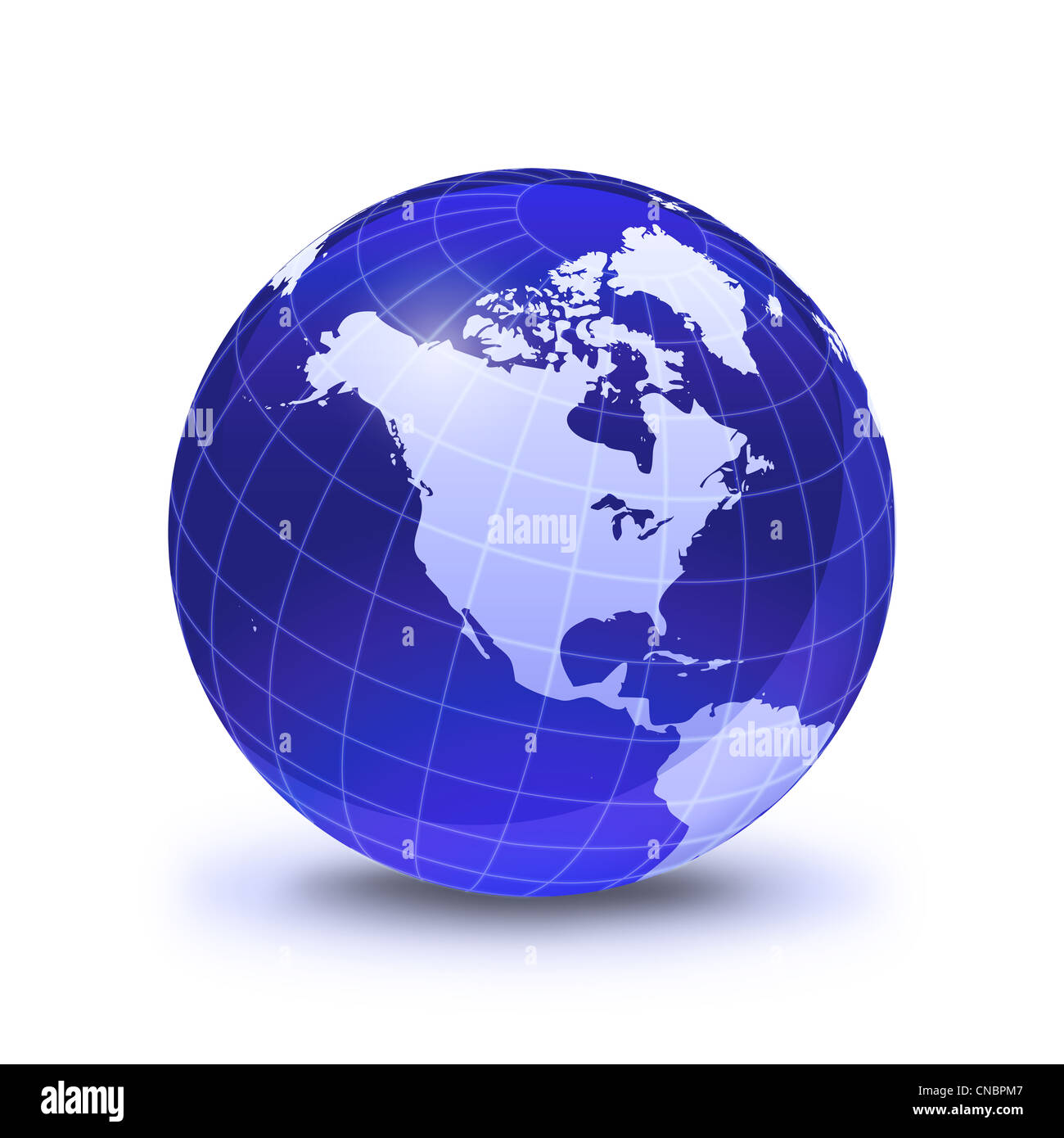 Erdkugel stilisiert, in blauer Farbe, glänzend und mit weiß leuchtenden Raster. Auf weiße Oberfläche mit abgelegten Schatten. Nordamerika-Ansicht Stockfoto