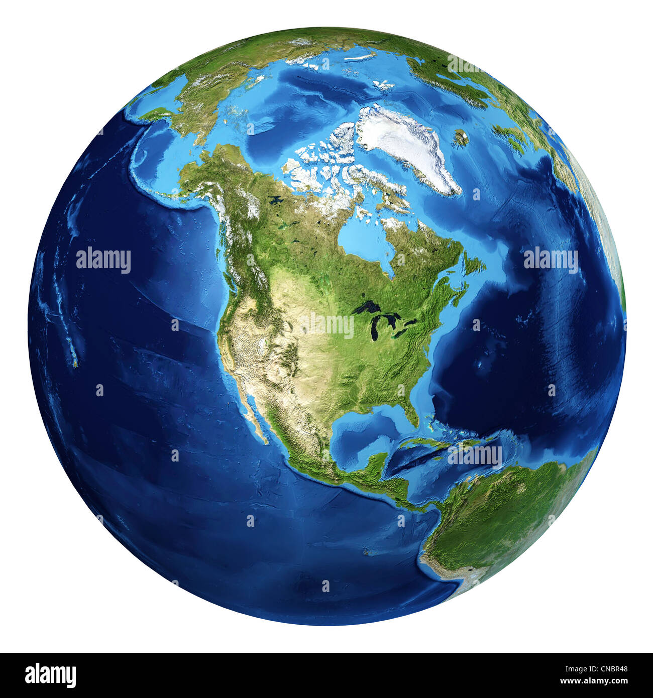 Erde Globus, realistische 3-D Darstellung. Nordamerika-Ansicht. Auf weißem Hintergrund. Stockfoto