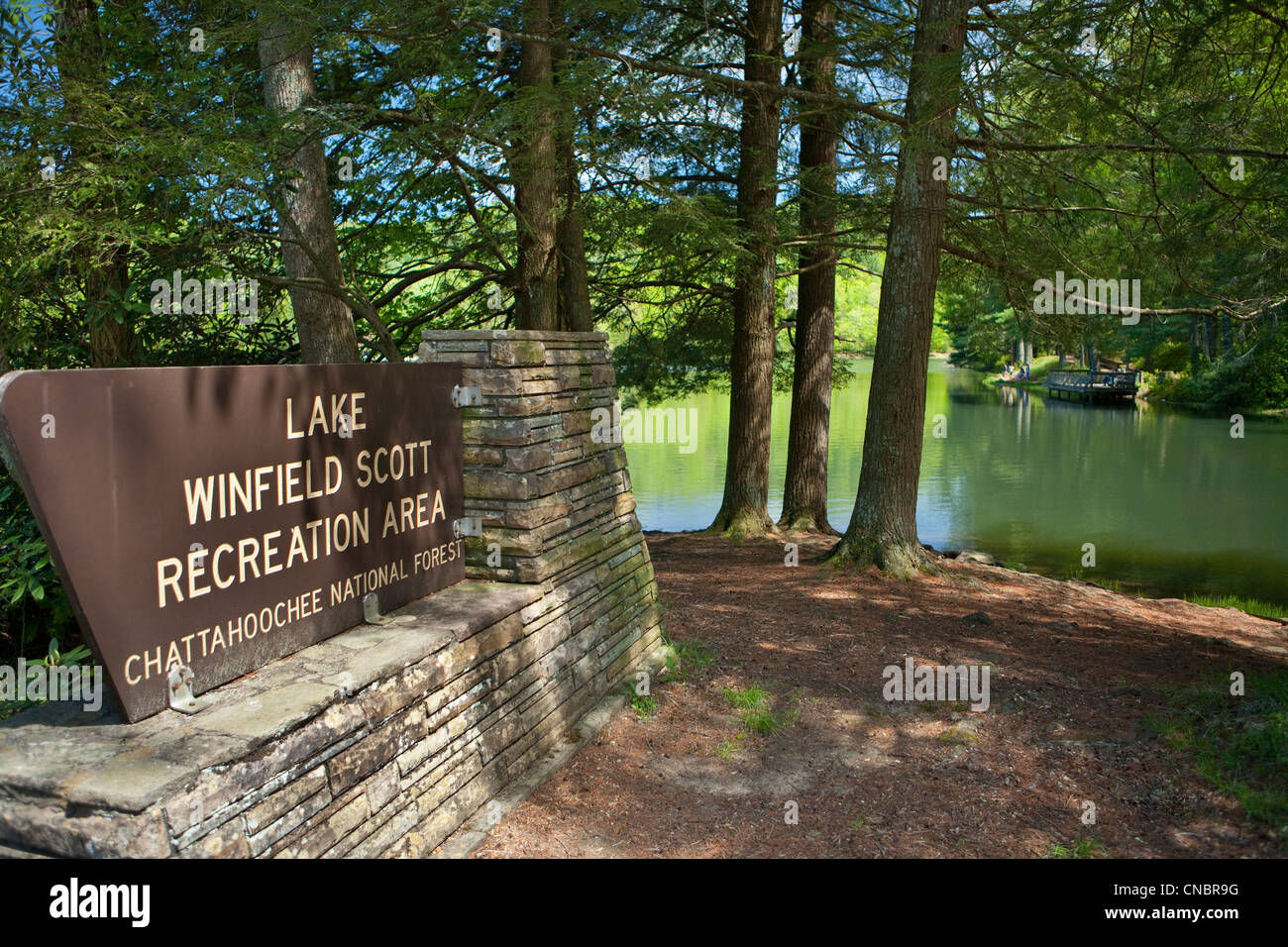 Zeichen und Kulisse für Winfield Scott-Erholungsgebiet Lake in Georgien. Bestandteil der Chattahoochee National Forest Stockfoto