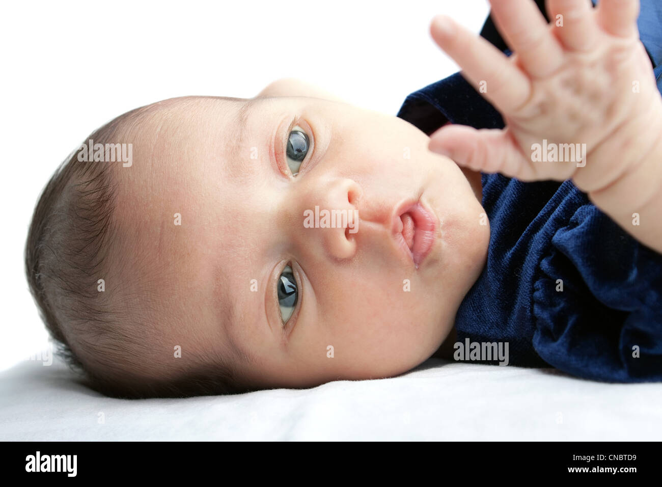 Eine niedliche neugeborenes Kind auf einem weißen Hintergrund, cirously mit Blick auf ihre eigene Hand. Tolles Konzept für frühkindliche Entwicklung. Stockfoto