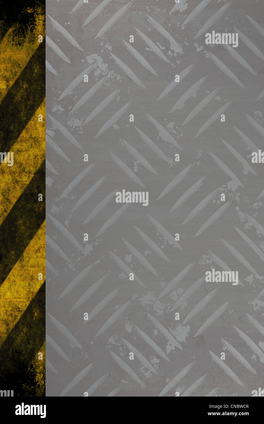 Grunge Diamant Platte Hintergrundtextur mit einer gelben und schwarzen Gefahr Streifen Akzent Kante. Stockfoto