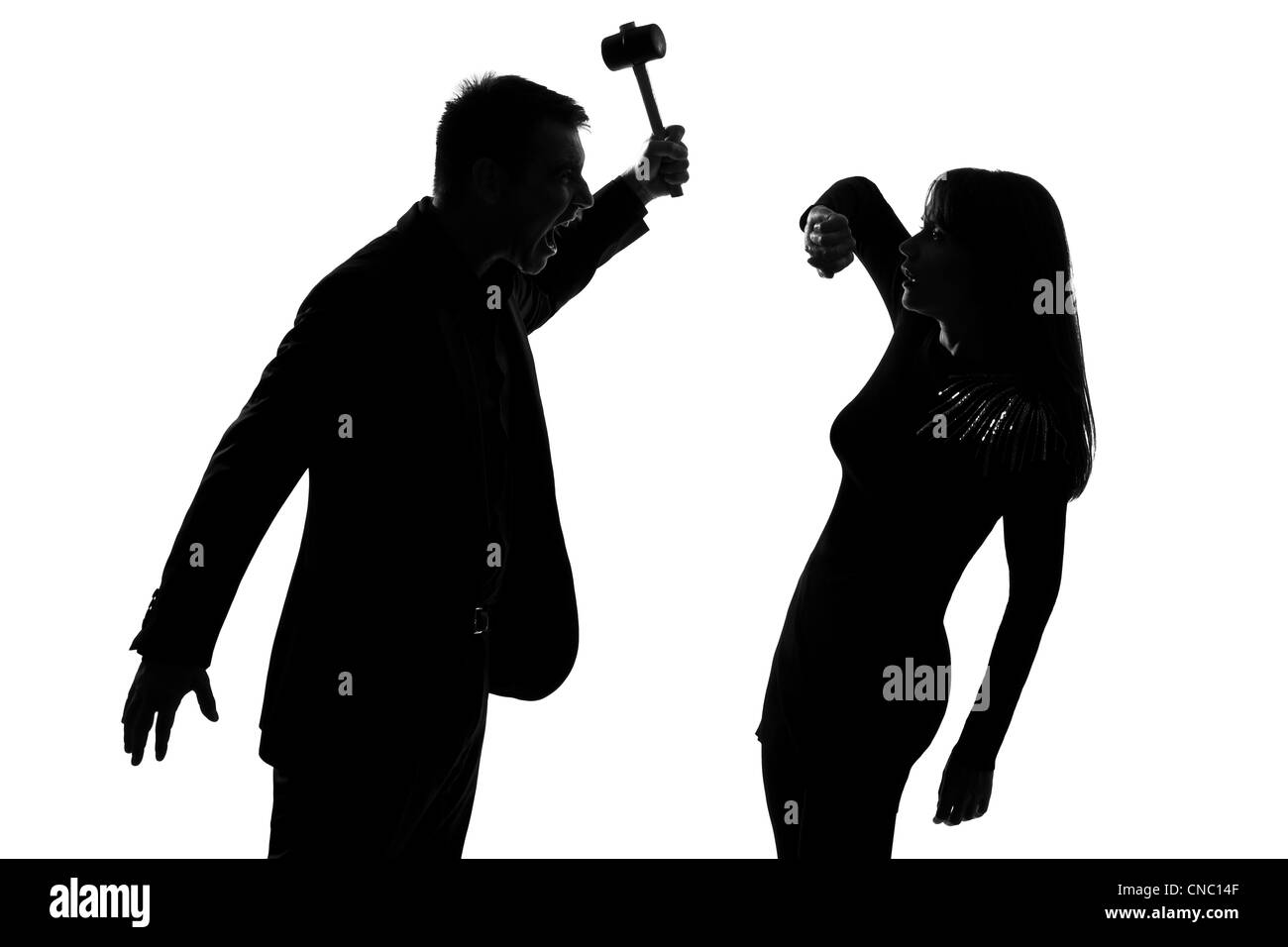 eine kaukasische paar Mann und Frau mit dem Ausdruck häuslicher Gewalt im Studio Silhouette isoliert auf weißem Hintergrund Stockfoto