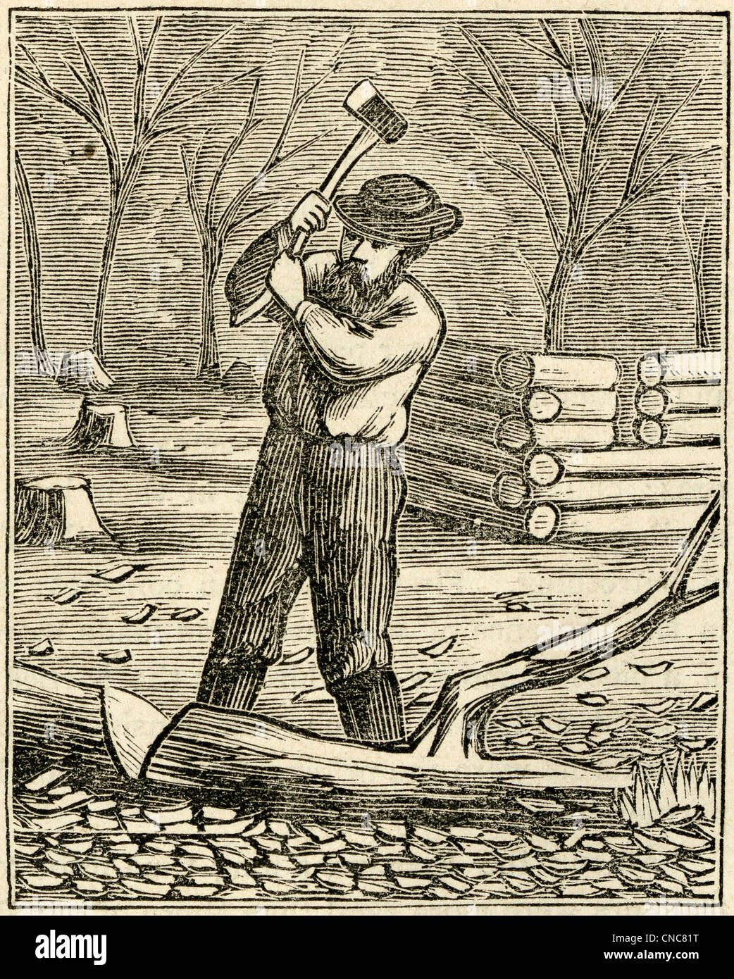 1871-Gravur, Woodman mit Axt, Hackschnitzel zu schaffen. Stockfoto