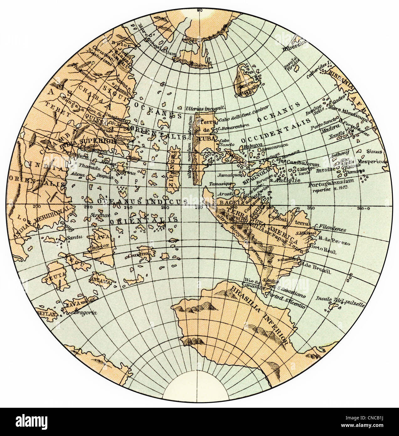 Historische Darstellung aus dem 19. Jahrhundert, Globus von 1520, Darstellung der Hemisphäre, nach Johann Schoener Stockfoto