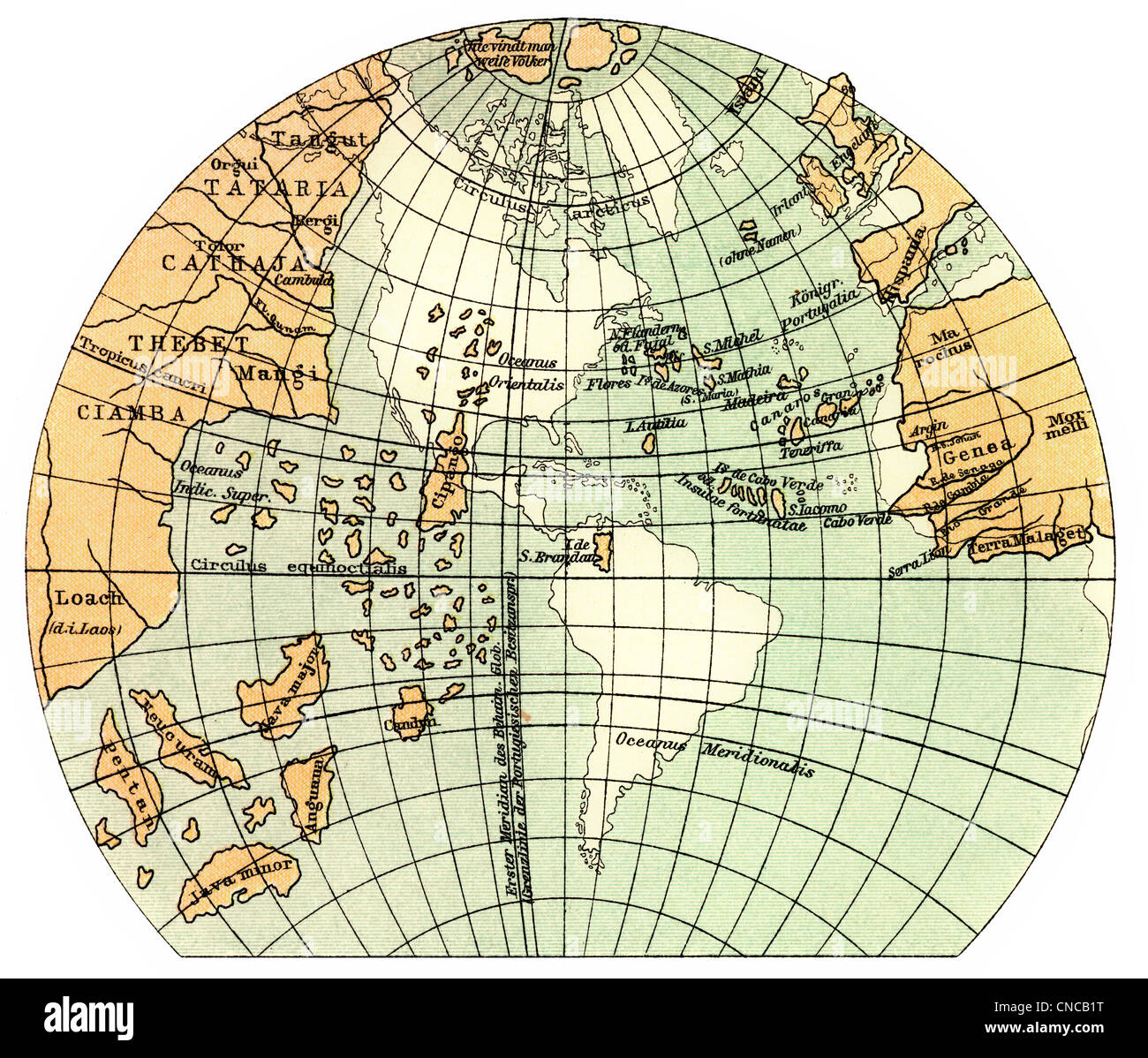 Globus von 1492, Darstellung der Hemisphäre durch Martin Behaim, 1459-1507, ein deutscher Textilkaufmann Stockfoto
