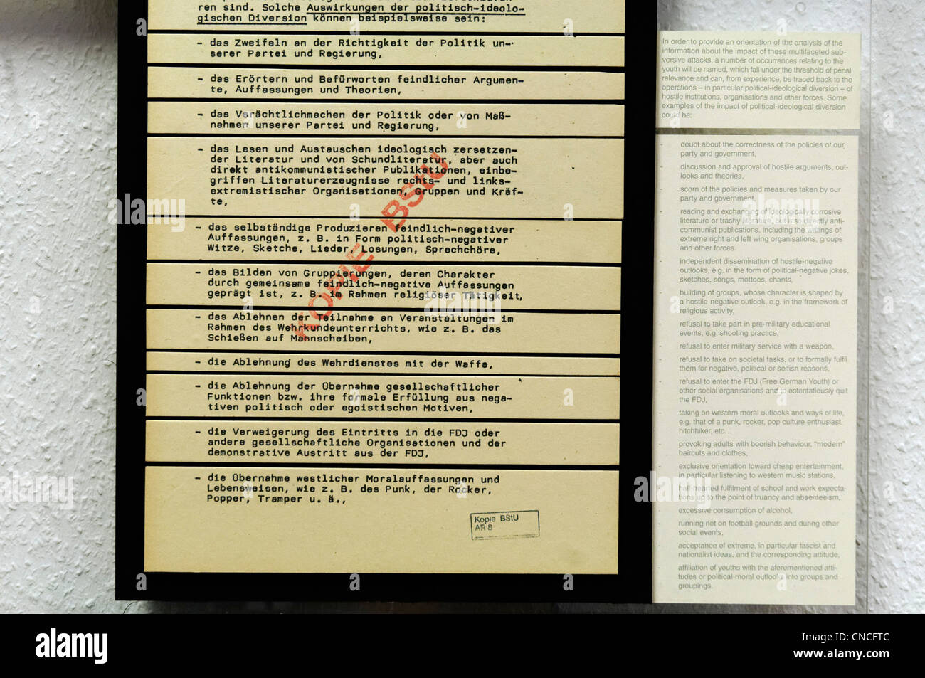 Eine Liste der verdächtiges Verhalten an die Stasi in der DDR, einschließlich der modernen Musik anhören, haben lange Haare, etc. ausgegeben Stockfoto