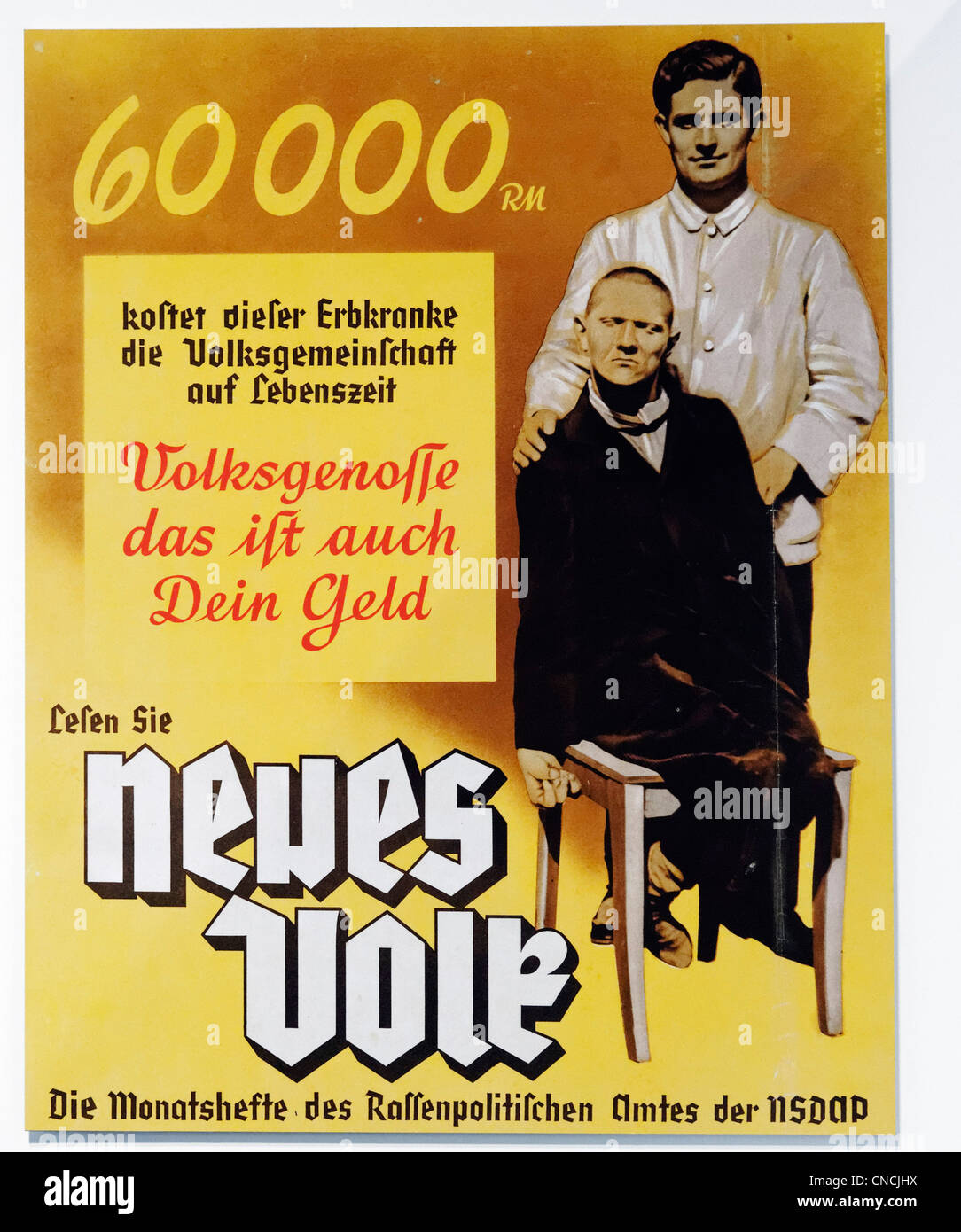 NSDAP-Plakat zeigt wie Behinderte Kosten Geld und Förderung von Eugenik und Euthanasie von Menschen mit Behinderungen - Aktion T4 Stockfoto