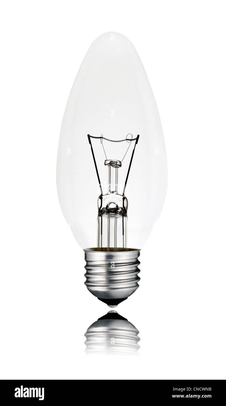 Glühbirne - Kerze-Shaped mit Schraube unten und Reflexion isoliert auf weißem Hintergrund. Ausgeschaltet Stockfoto