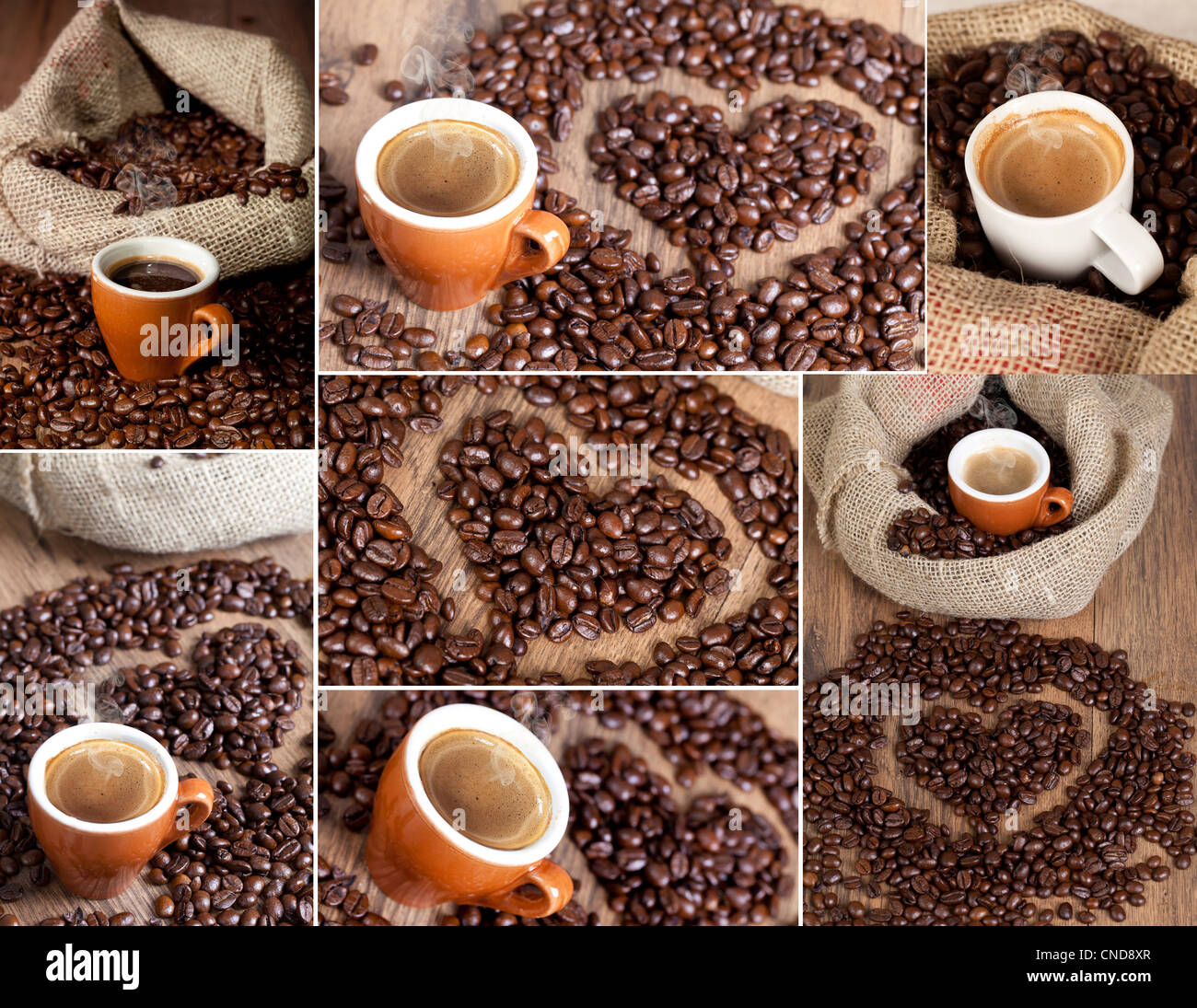 Eine Collage aus verschiedenen Fotos aus Kaffee Stockfoto