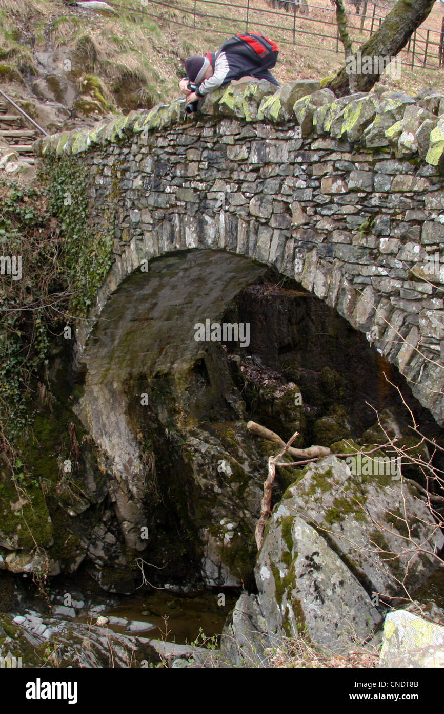 Männliche Landschaftsfotografen arbeiten an Brücke über Fluss Stockfoto