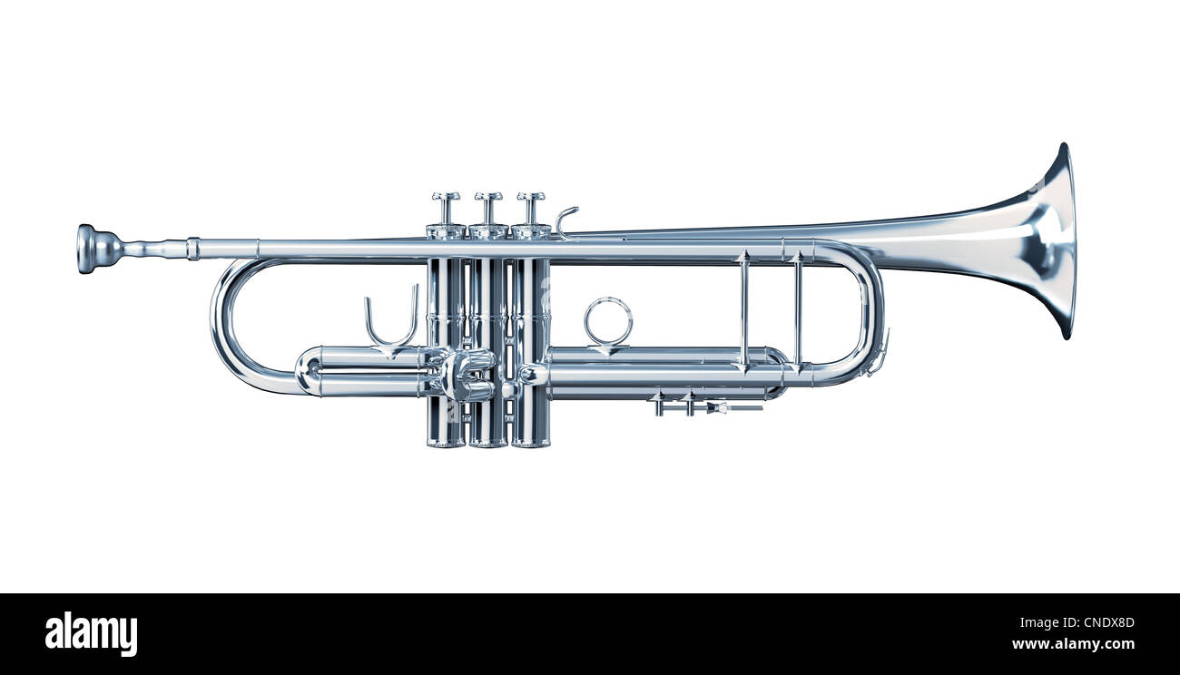 Silberne Trompete von einer Seite betrachtet. Stockfoto