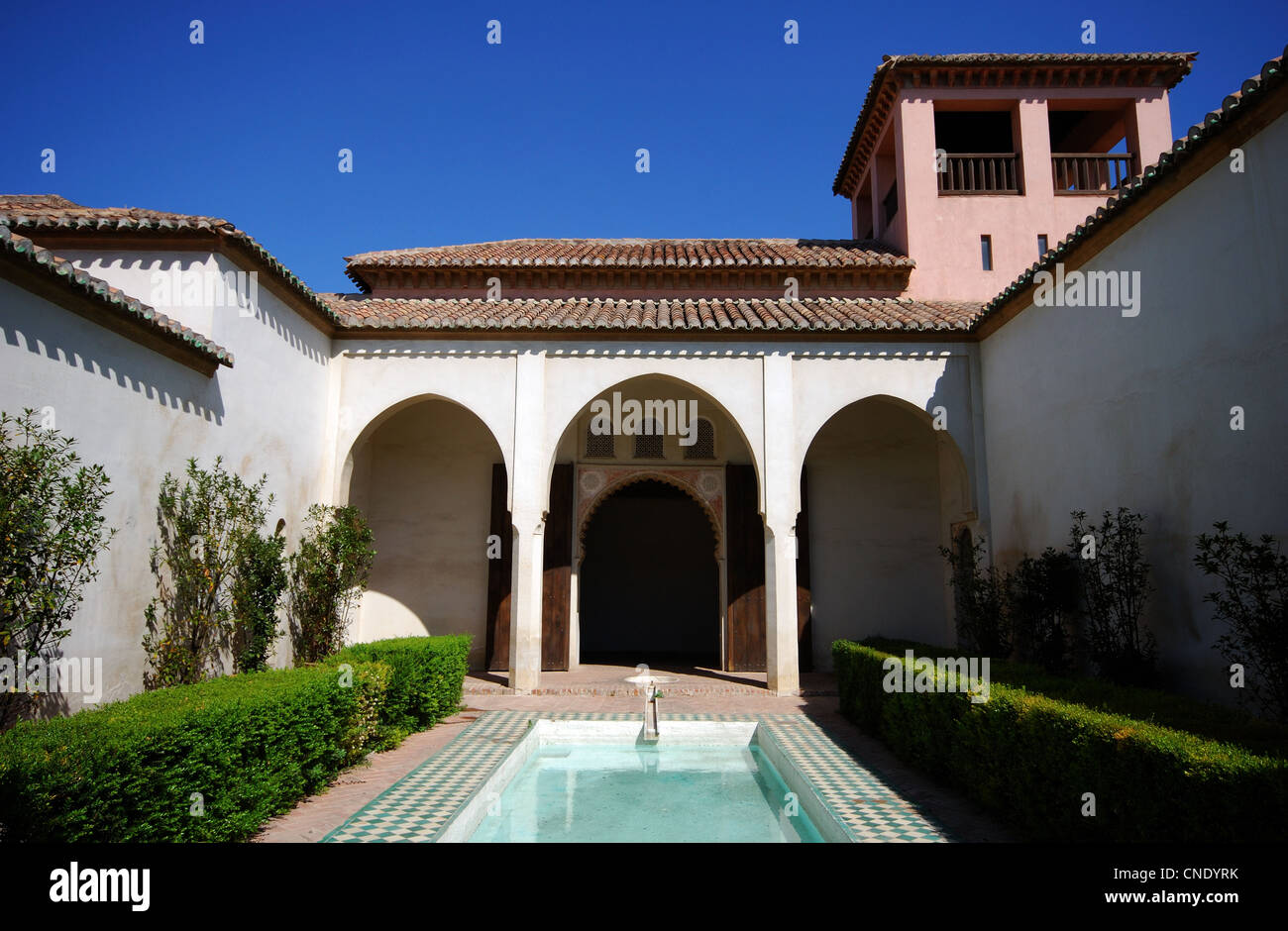 Patio de la Alberca, Nasriden Palast, Alcazaba de Malaga, Málaga, Andalusien, Spanien, Europa. Stockfoto