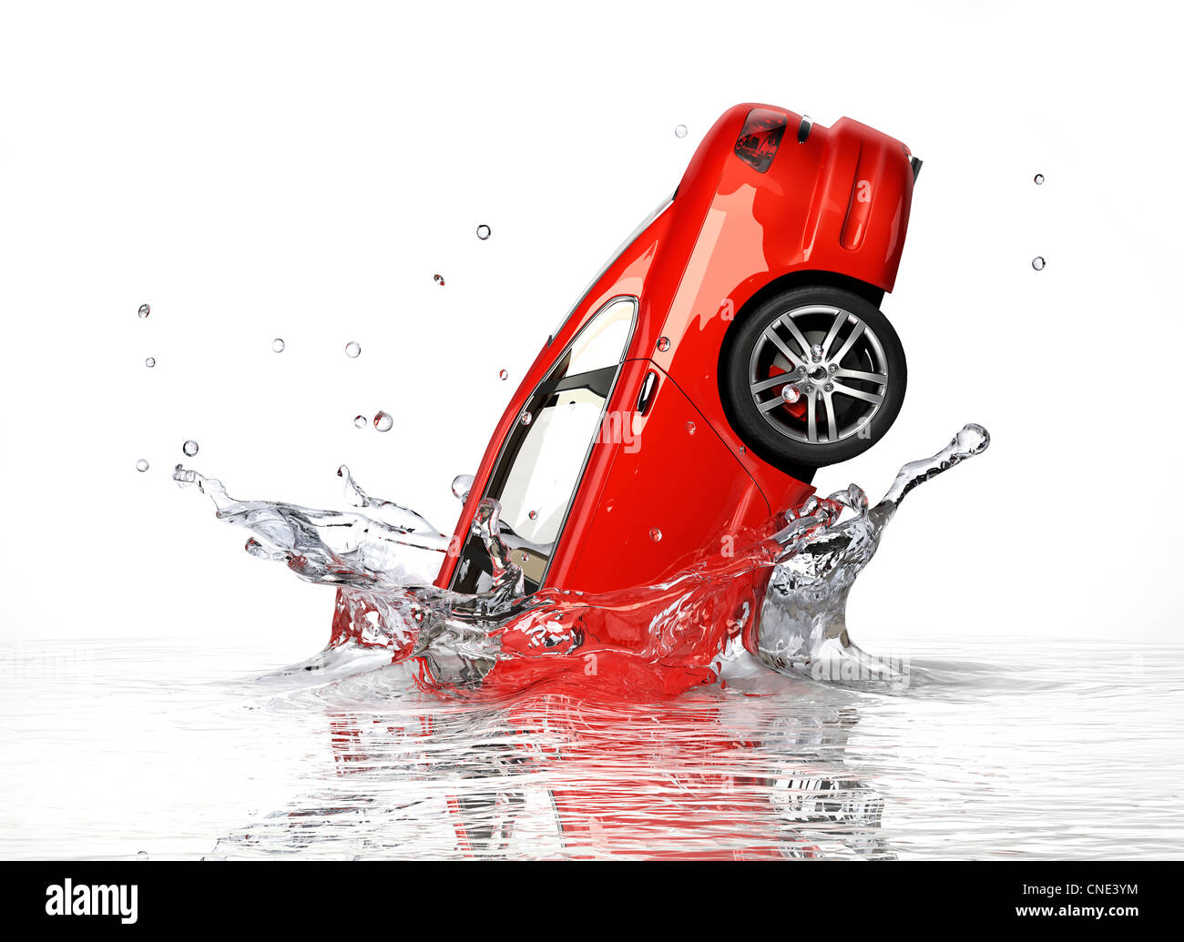 Roten generische Limousine, Wasserplätschern verfallen. Isoliert auf weißem Hintergrund. Stockfoto