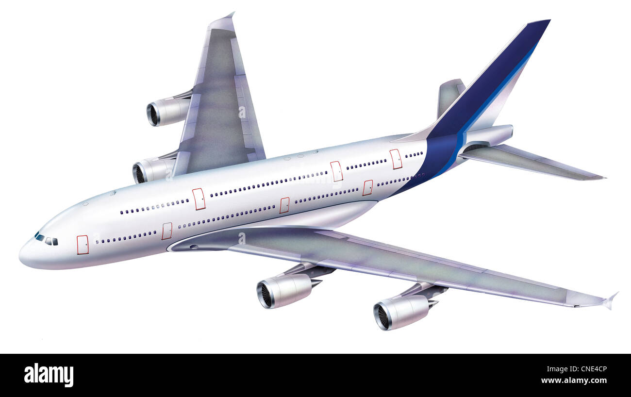 Ein 380 Passagierflugzeug. Perspektive auf weißem Hintergrund mit Clipping-Pfad von oben gesehen. Stockfoto