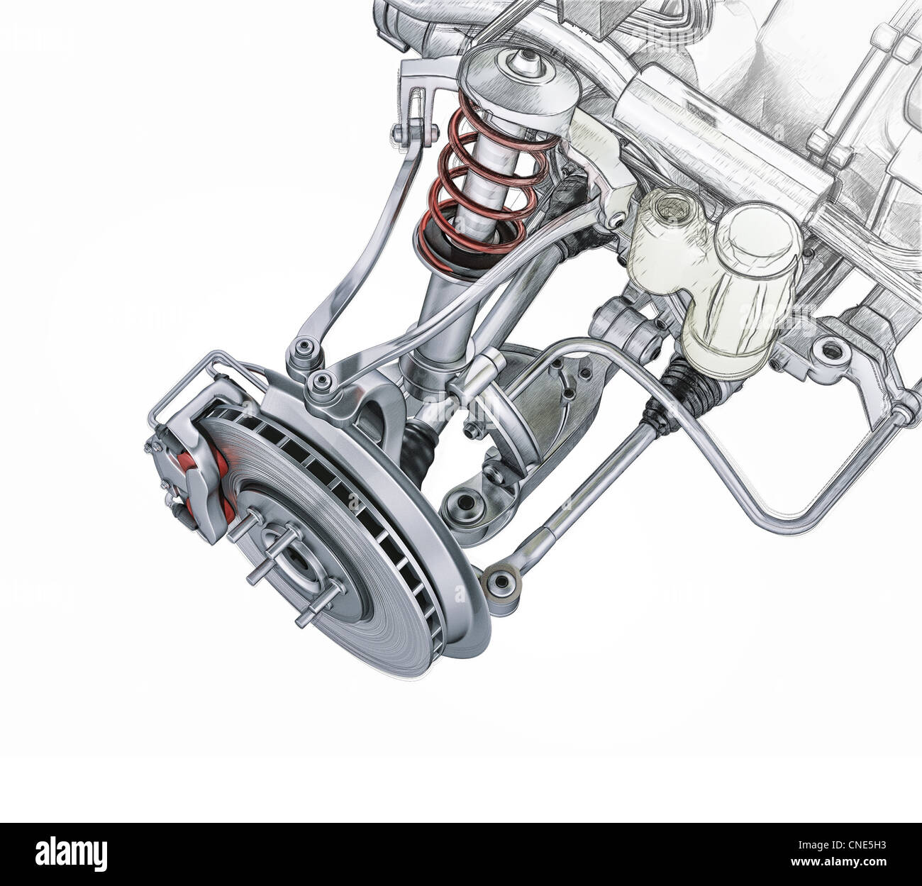Multi Link Vorderwagen Suspension, mit Bremse. perspektivische Ansicht. Fotorealistische Rendering mit morphing-Effekt, um Hand-Zeichnung Skizze Stockfoto