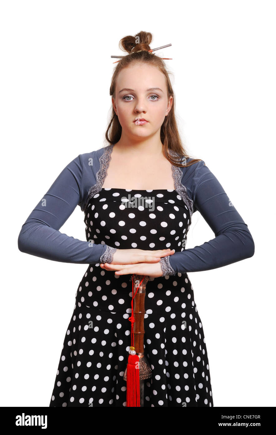 Teenager mit einem Anime-Schwert. Stockfoto