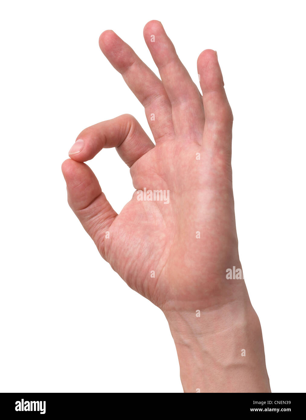 eine menschliche Hand Unterzeichnung der ok Zeichen mit Beschneidungspfad auf einem weißen Hintergrund isoliert Stockfoto