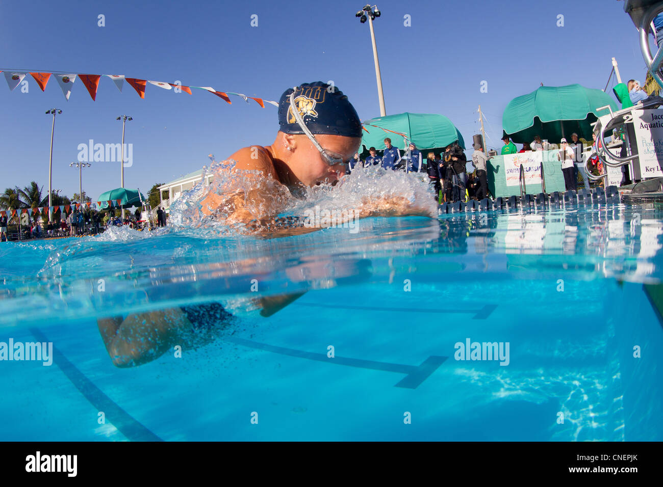 Schwimmerin fängt ihr Atem Stockfoto