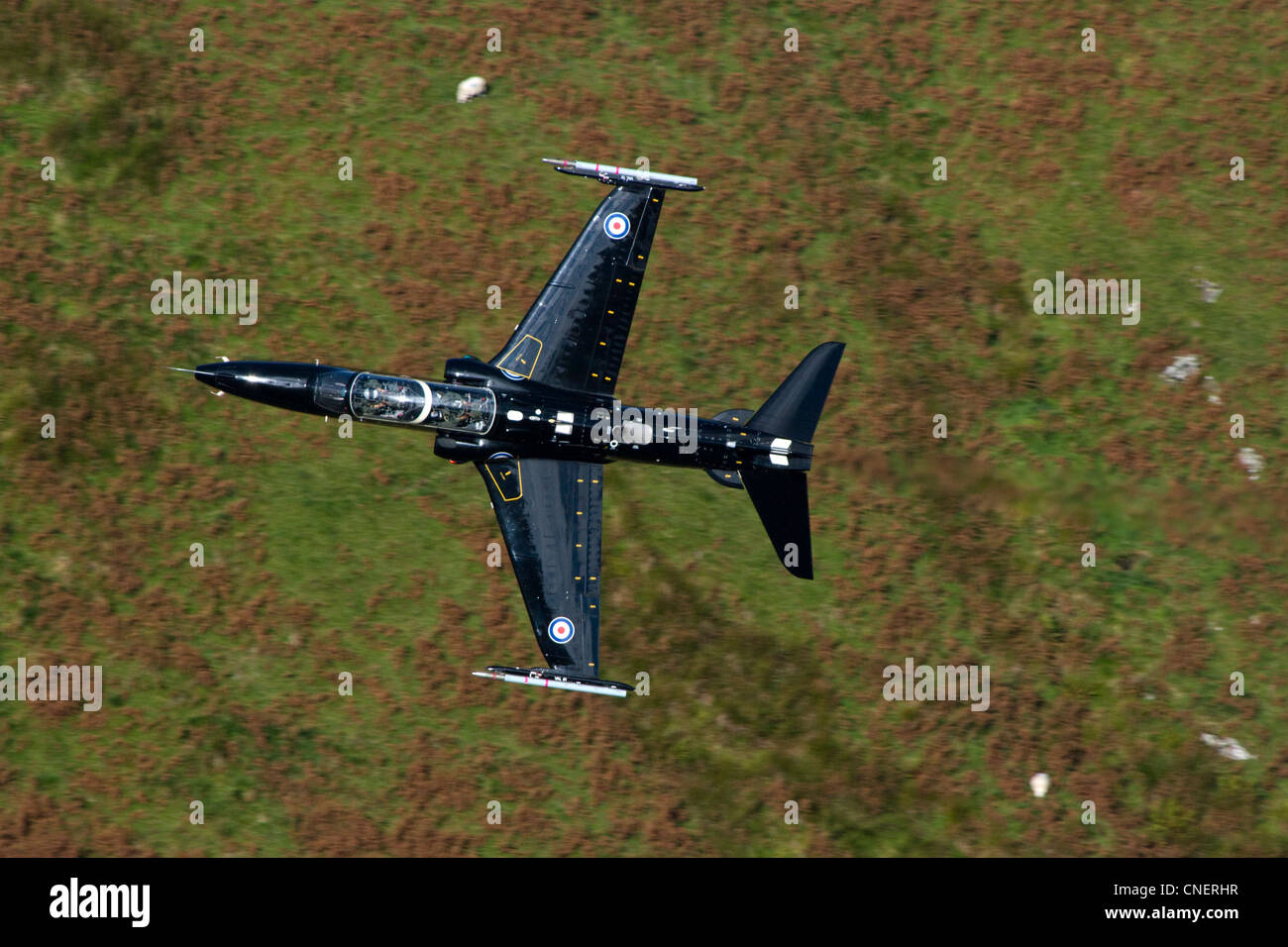 Ein RAF-Zweisitzer schnell Jet-Trainer macht den zweiten Durchgang durch "The Bwlch" (Gebirgspass) über den walisischen Bergen Stockfoto